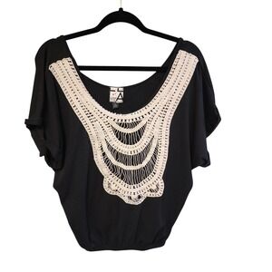 Living Doll LA Black Crochet Bib Dolman Sleeve Blouson Top A186LJ013D Large